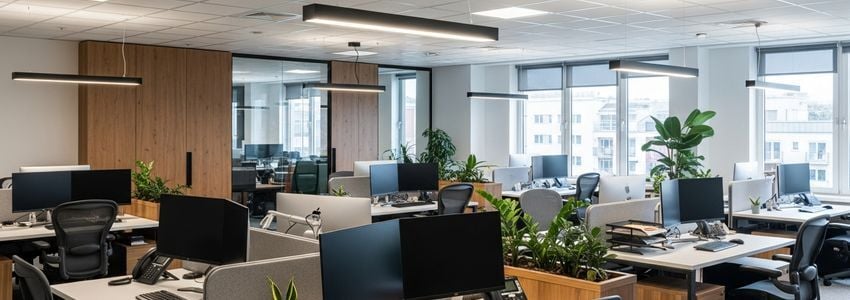 Modern open-plan business office workspace representing team payroll management and business operations