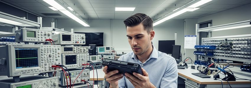 Business professional testing a product prototype in a modern electronics testing laboratory