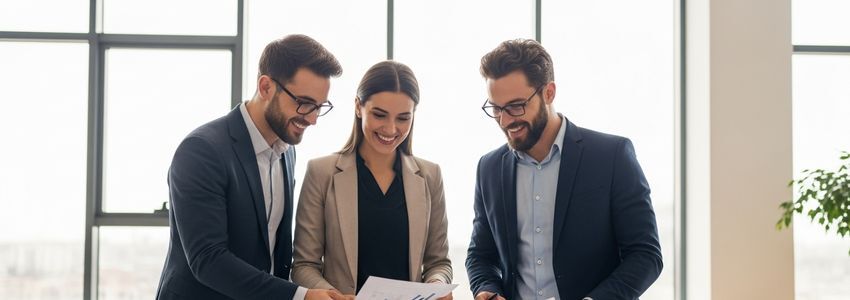Business professionals reviewing cash flow and purchasing documents to manage fluctuating patterns