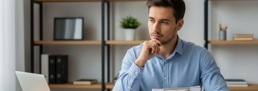 Business owner reviewing financial documents and application paperwork at a desk