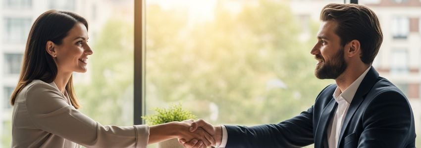 Business owner and bank advisor reviewing line of credit renewal terms at a modern office desk
