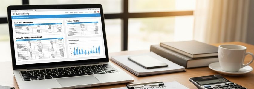 Business owner reviewing vendor payment terms and pricing documents at a modern office desk