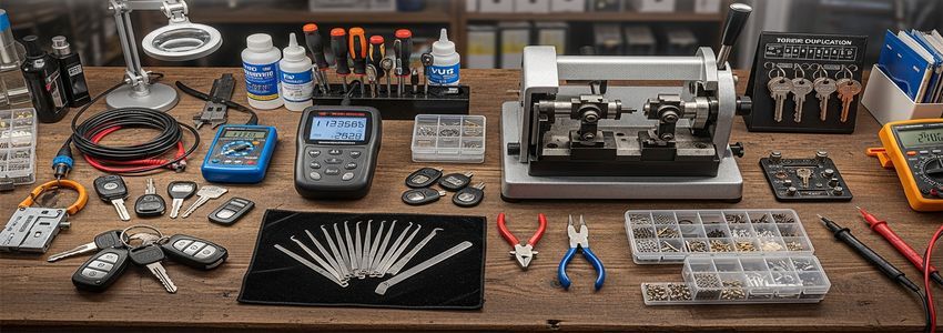Locksmith tools and equipment including key cutting machine and transponder programmer in a professional workshop