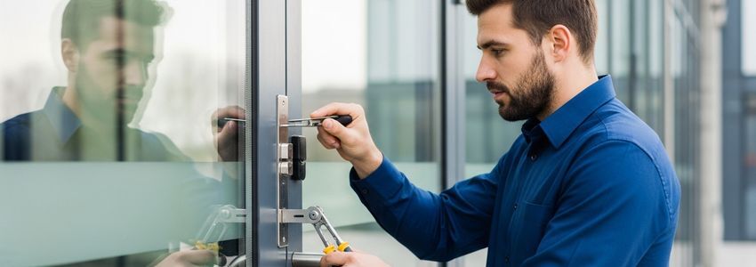 Locksmith technician working on commercial door lock