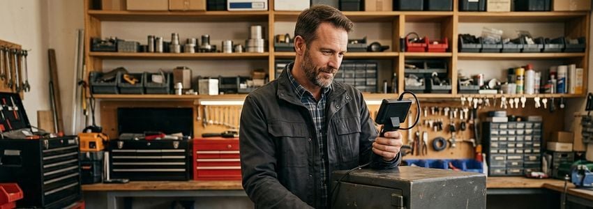 Locksmith technician using safe opening equipment in a workshop