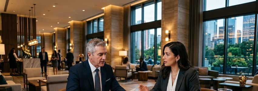 Hotel investor and financial advisor reviewing loan documents at a luxury hotel conference table