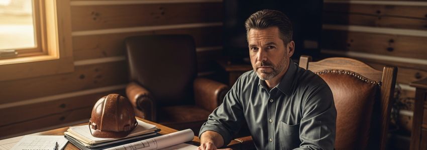Log home builder reviewing business loan documents and blueprints at a rustic office desk