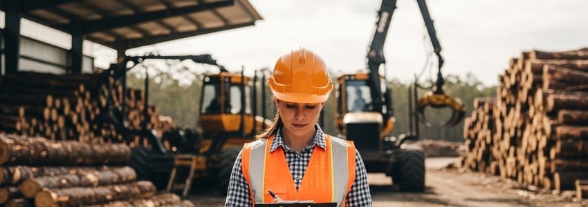Timber business owner reviewing logging equipment financing options at a lumber yard