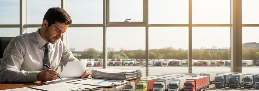 Logistics fleet manager reviewing financing documents at a freight terminal