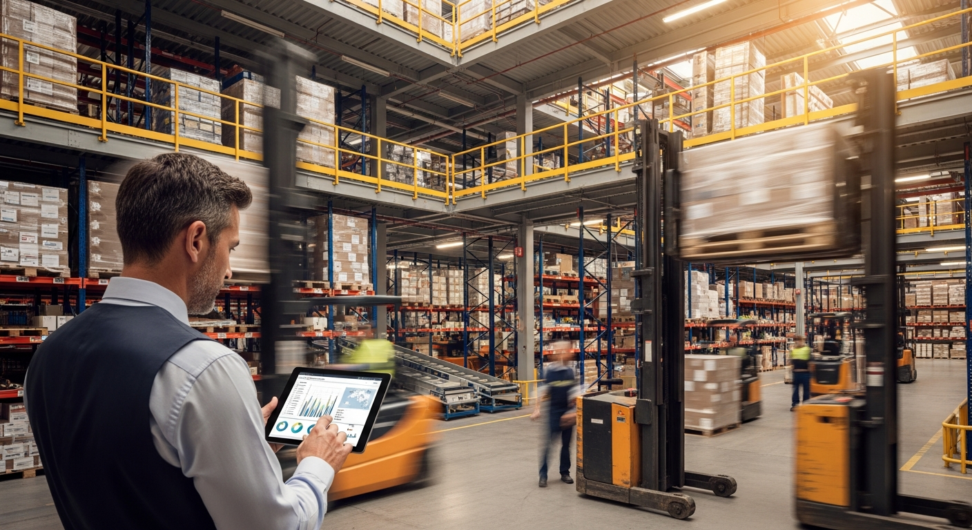 Warehouse operations team reviewing equipment financing options at a multi-location logistics hub