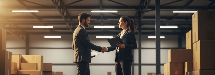 A freight broker and carrier representative shaking hands in a warehouse logistics environment, representing a business partnership facilitated by flexible financing.