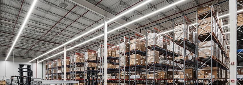 Modern warehouse fulfillment center with conveyor systems and pallet racking - equipment financing for shared logistics