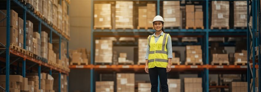 Logistics professional reviewing technology in a warehouse setting