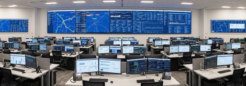 Transportation operations team using logistics software and fleet management technology