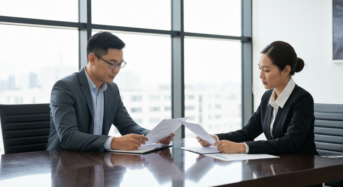 Business owner reviewing long-term business loan documents with financial advisor
