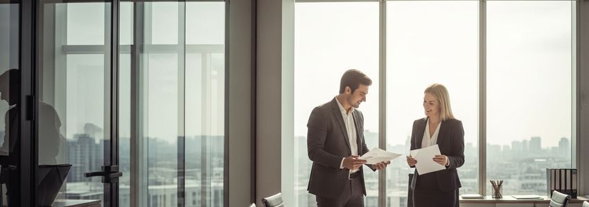 Business owner reviewing long-term loan documents in a modern office setting