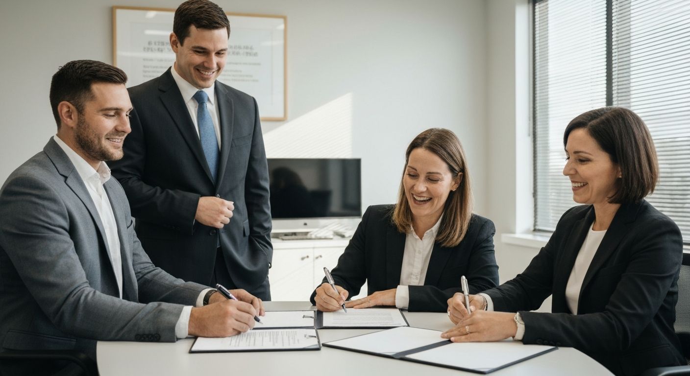 Business owner signing long-term business loan documents with financial advisor