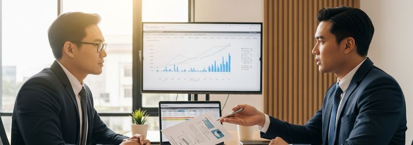 Business owner and financial advisor reviewing long-term financing strategy documents at office meeting