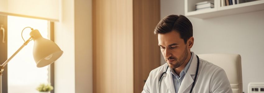 Longevity clinic physician reviewing business financing documents at modern medical office desk