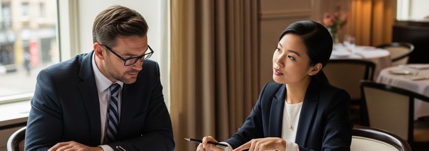 Business advisor helping a franchise owner review SBA loan financing paperwork at a restaurant table