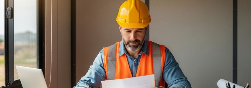 Contractor reviewing lowboy trailer financing documents at a construction site office
