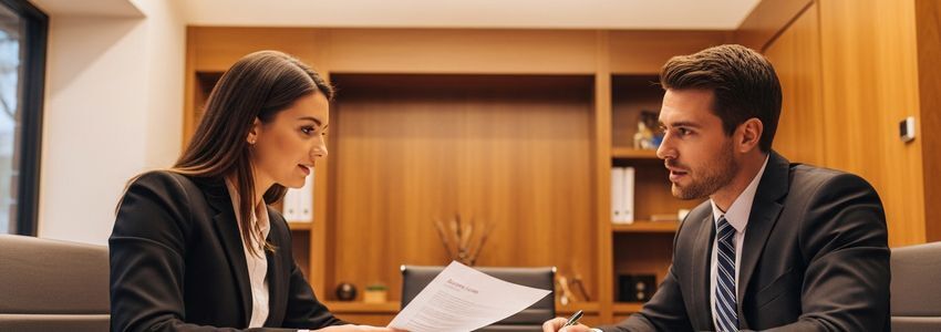 Small business owner and financial advisor reviewing loan documents in Lowell Massachusetts office