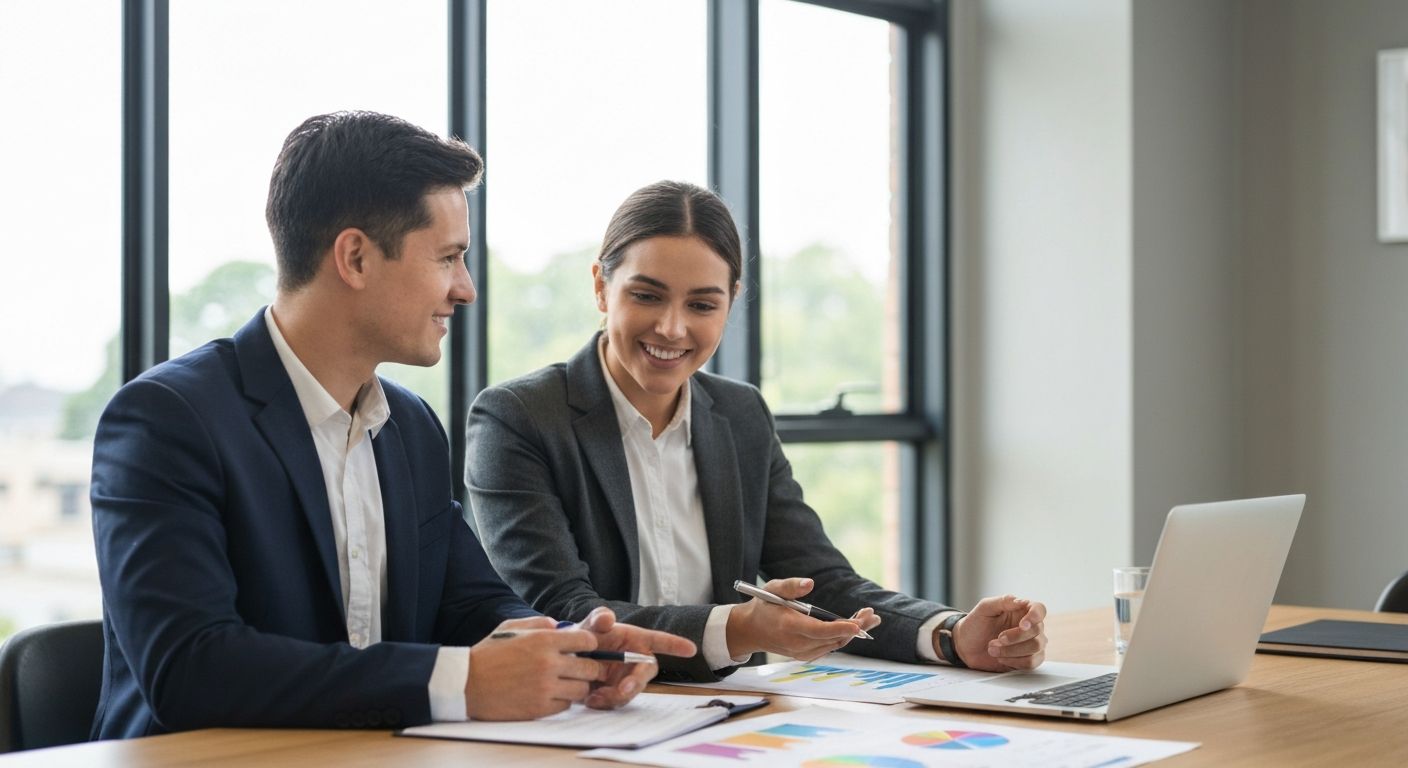 Two business professionals reviewing loan restructuring options at a conference table with financial charts