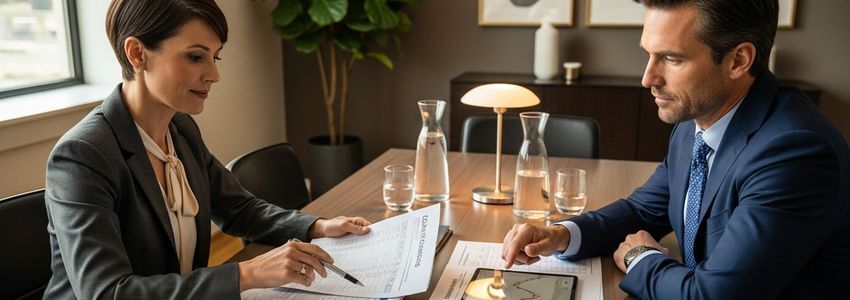 Business professional reviewing loan interest rate options with a financial advisor