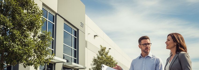 Commercial property appraiser and business owner reviewing collateral for loan-to-value assessment