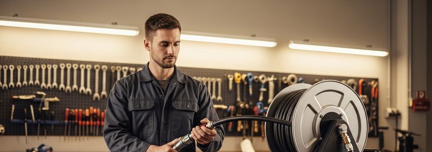 Mechanic using lube reel hose equipment in automotive shop