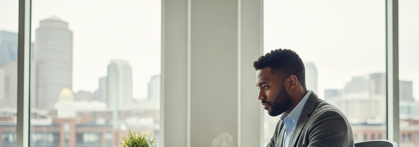 Massachusetts small business owner reviewing SBA loan options at a modern office desk