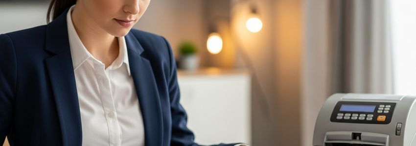Small business owner reviewing mailing equipment lease agreement