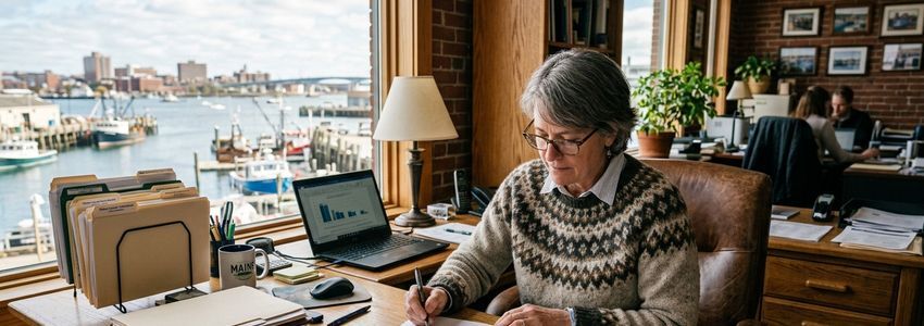 Maine business owner reviewing small business loan documents at a professional office desk