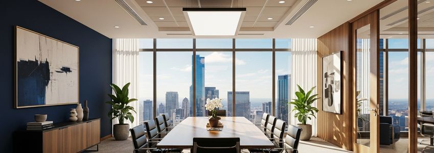 Business owner reviewing financial documents and debt management strategy in a professional office setting