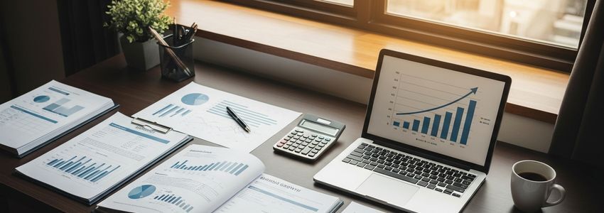 Business owner and advisor reviewing growth financing strategy charts on a laptop in a modern office