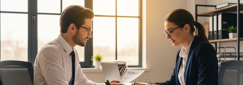Small business owner and financial advisor reviewing loan options at a professional office in Manchester, New Hampshire