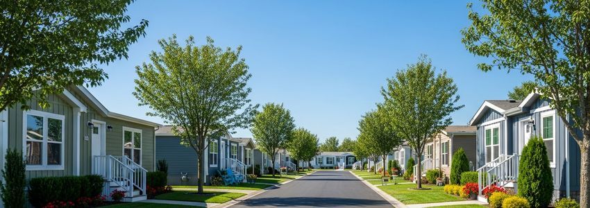 Manufactured housing community with modern homes on a tree-lined street