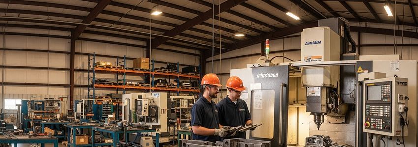 Manufacturing business owners reviewing equipment financing options with a lending specialist