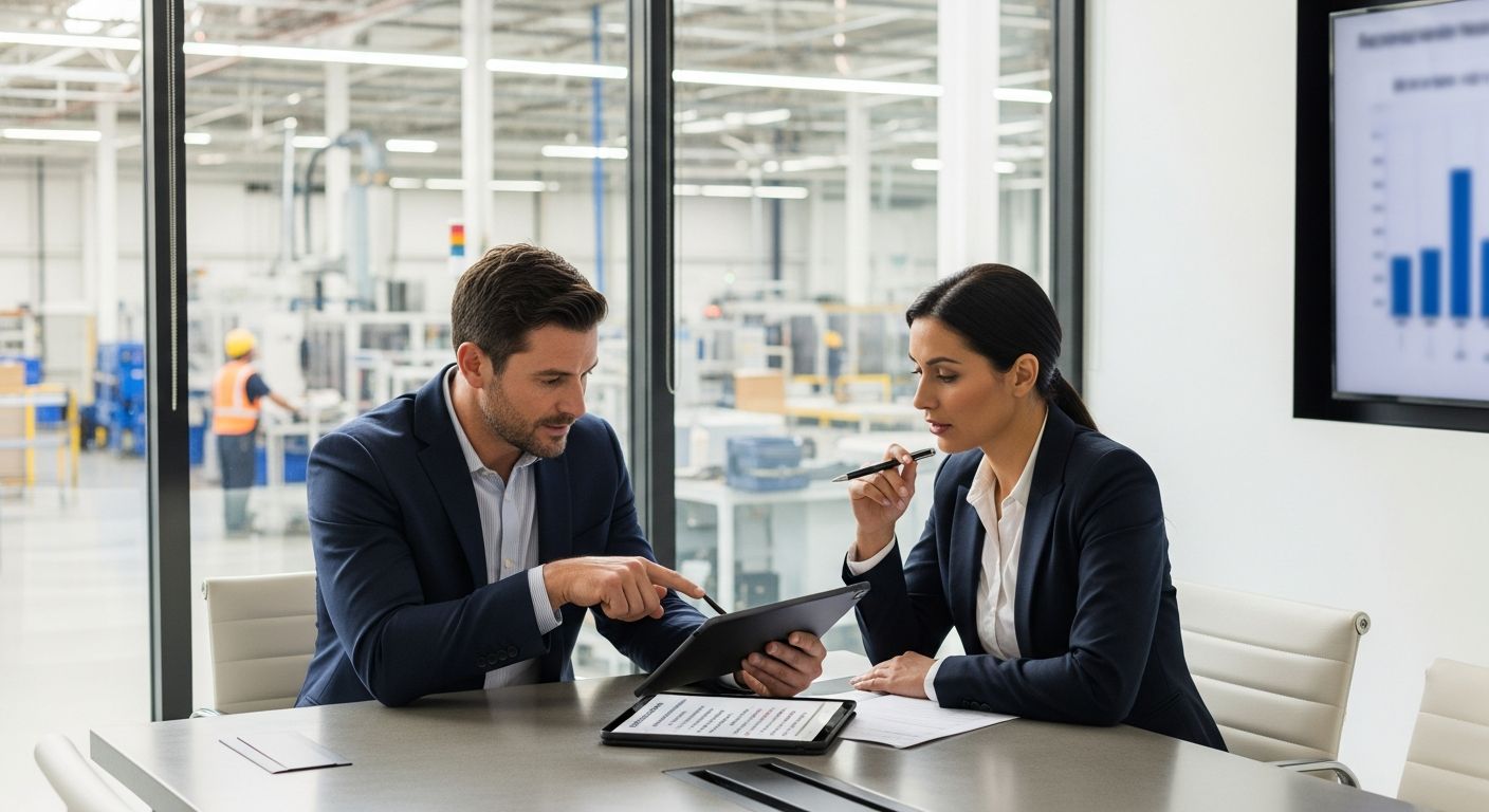 Manufacturing facility manager reviewing accounts receivable with financing advisor