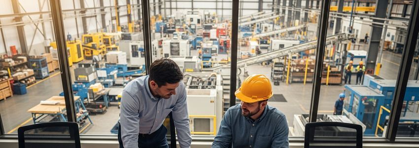 Manufacturing company owners reviewing equipment financing and lease-to-own agreement