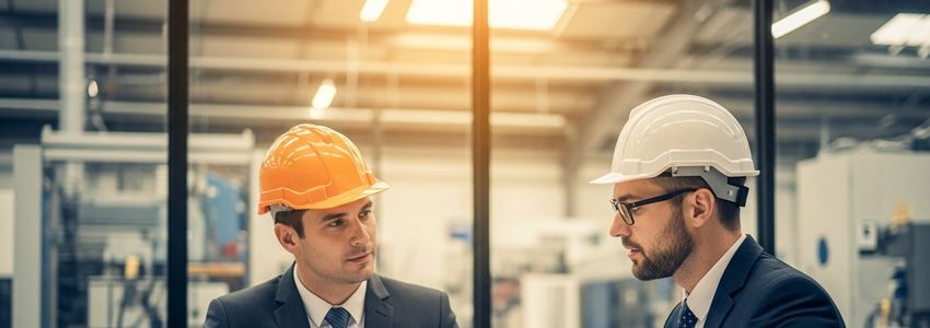 Manufacturing business owner reviewing equipment financing options with a financial advisor in a precision manufacturing facility