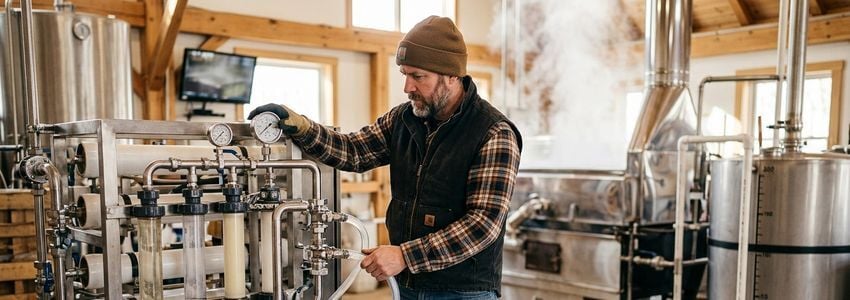 Maple syrup producer monitoring a reverse osmosis system and evaporator in a modern sugarhouse