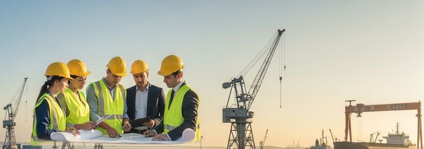 Maritime professionals reviewing marine barge financing documents at a shipyard