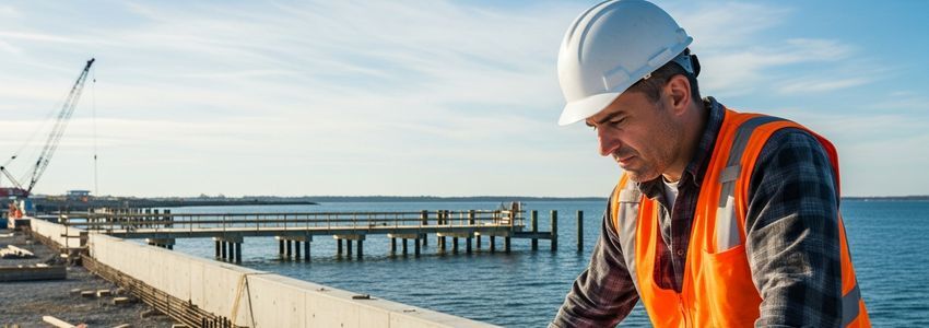 Marine contractor reviewing blueprints at a waterfront seawall construction site