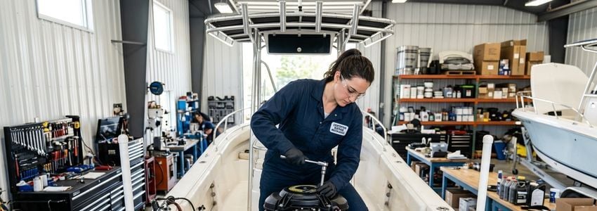 Marine mechanic working on outboard engine in a professional boatyard service facility
