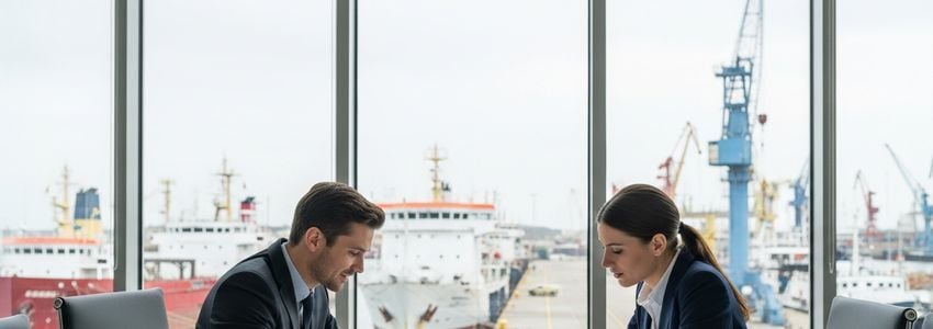 Business professionals reviewing marine vessel financing options at a waterfront office
