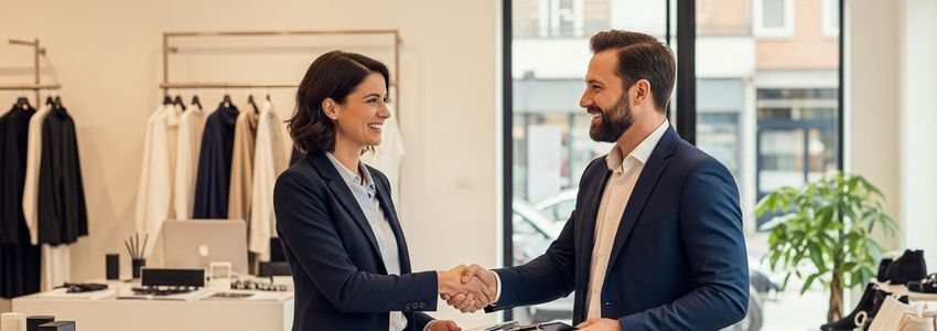 Business professionals shaking hands in a retail storefront, celebrating a market entry partnership