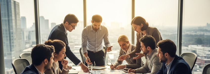 Business team reviewing market expansion plans at a conference table