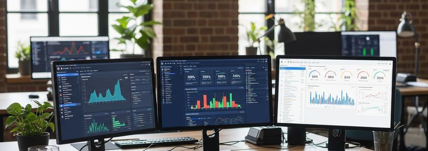 Marketing automation analytics dashboard showing campaign performance metrics and workflow data on multiple screens