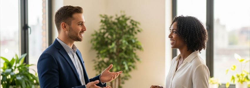 Small business owners discussing marketing strategy in a modern office